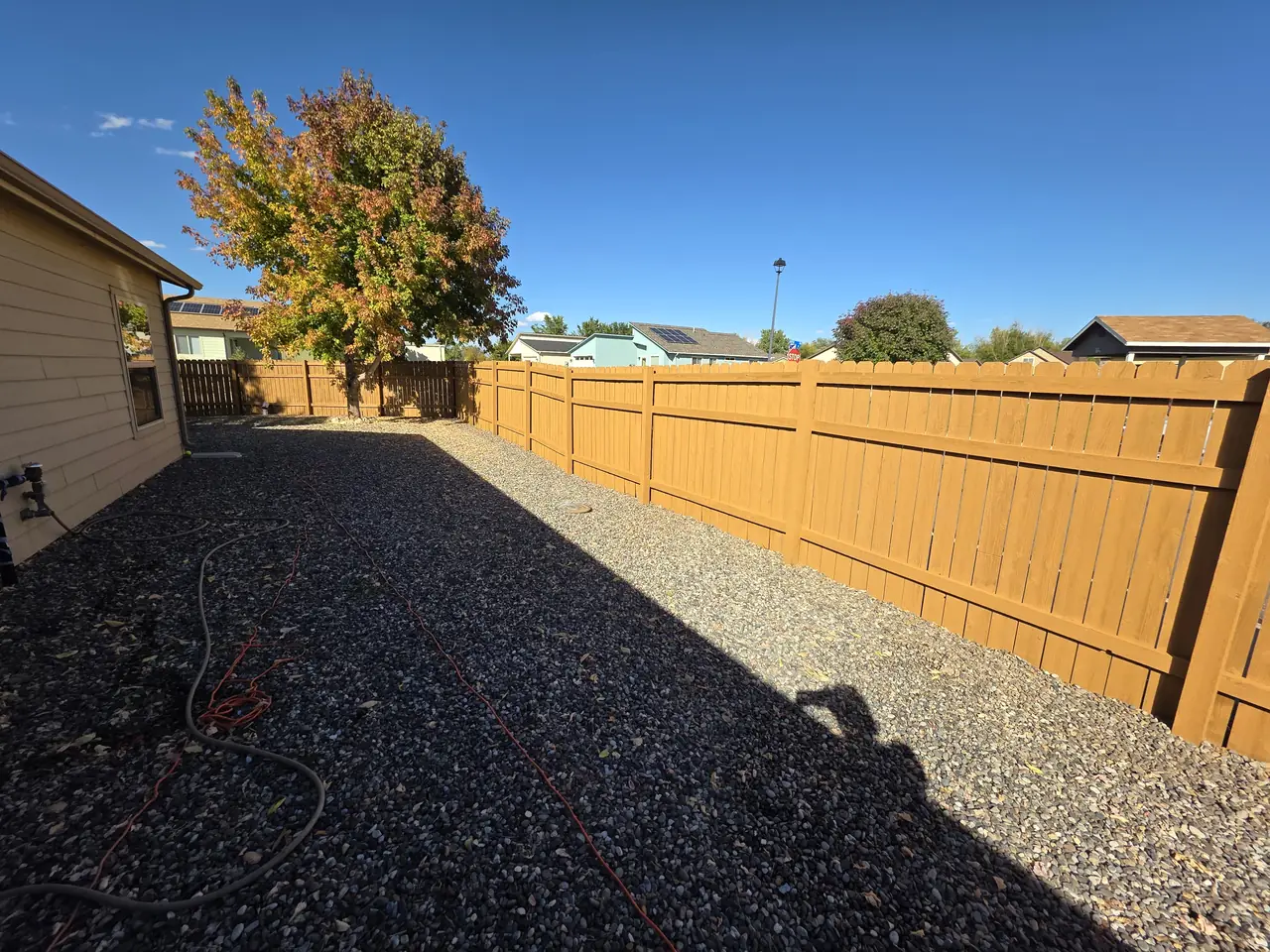 Long backyard privacy fence stained a golden cedar tone